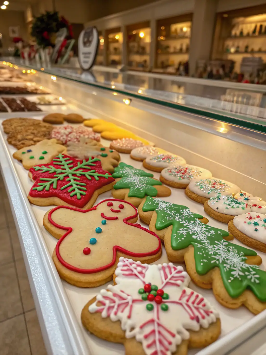 A beautifully arranged assortment of Nirla Ayurbakes' holiday cookies, including Spiced Ginger, Caramel Swirl, and Oatmeal Raisin, in a festive gift basket with holiday decorations.