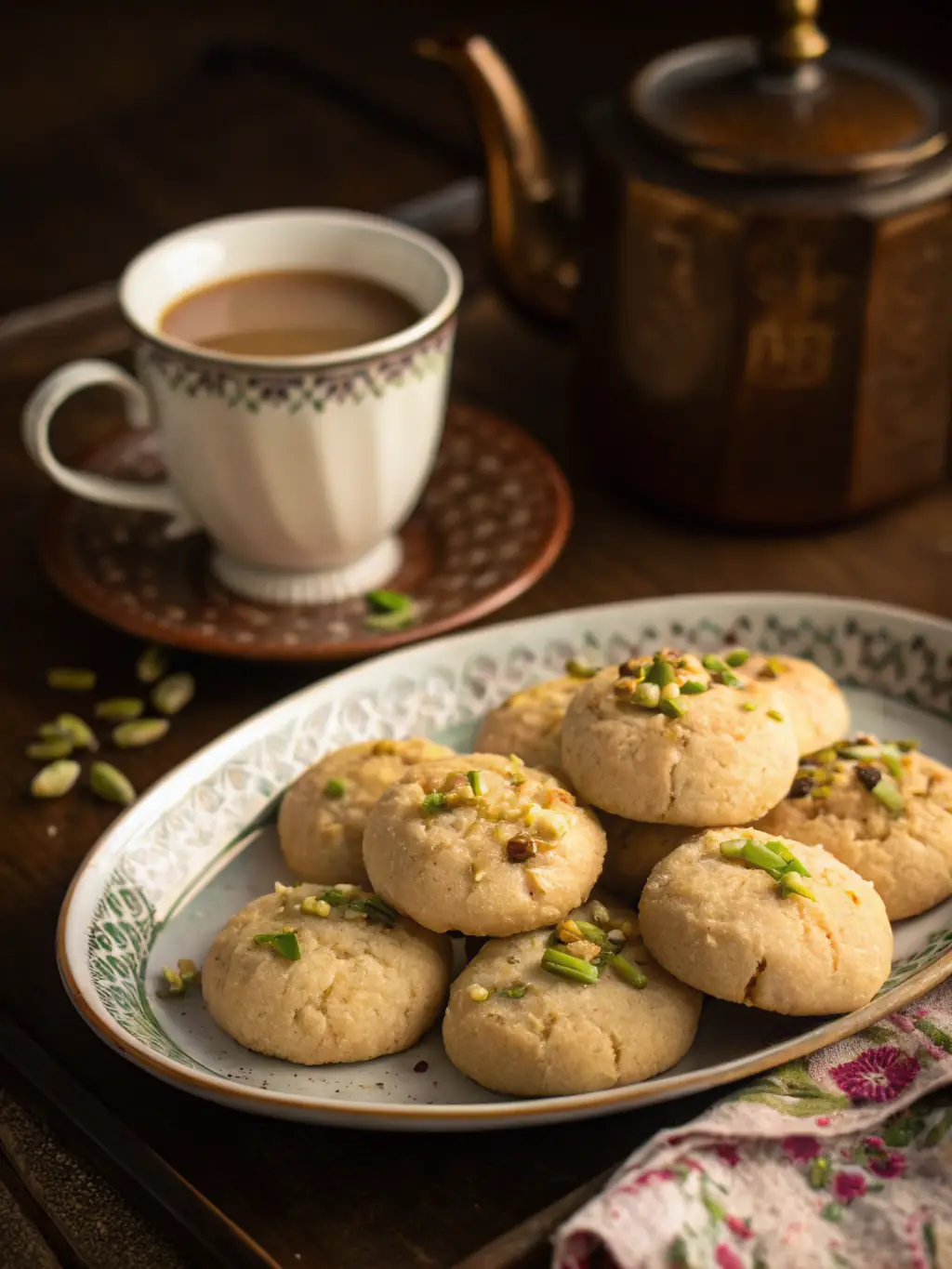 A close-up shot of Nirla Ayurbakes' Spiced Ginger Cookies, arranged in a festive holiday tin with a red ribbon, showcasing their spiced aroma and textured surface.