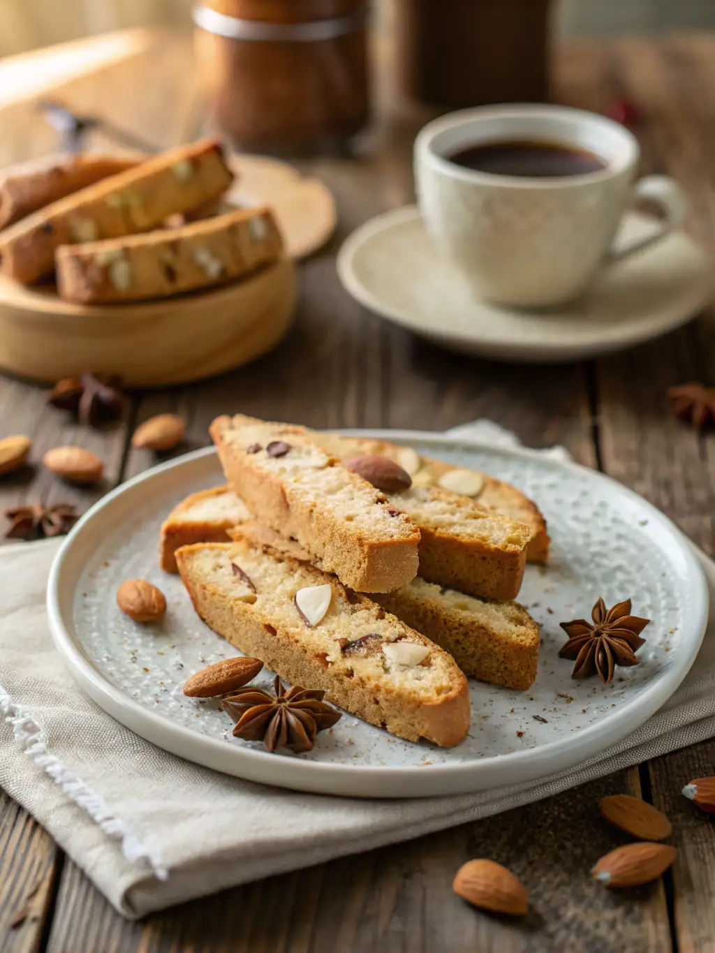 A detailed image of Almond Biscotti, highlighting the almond pieces and crisp texture.