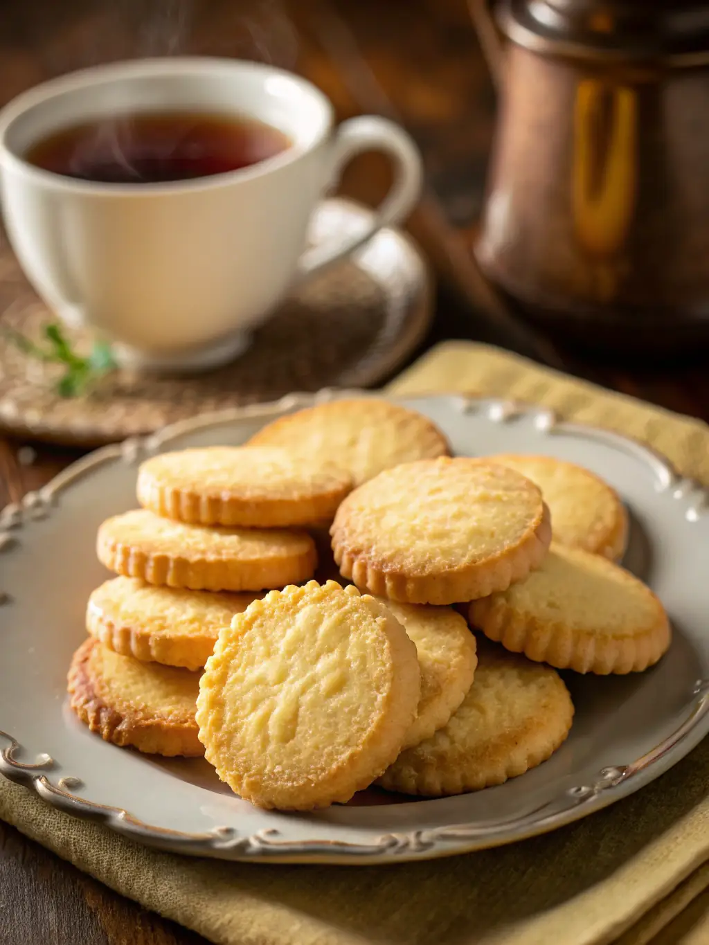 A visually appealing image of Nirla Ayurbakes' Caramel Swirl Cookies, arranged on a holiday-themed plate with a cup of hot cocoa, highlighting their marbled caramel pattern.