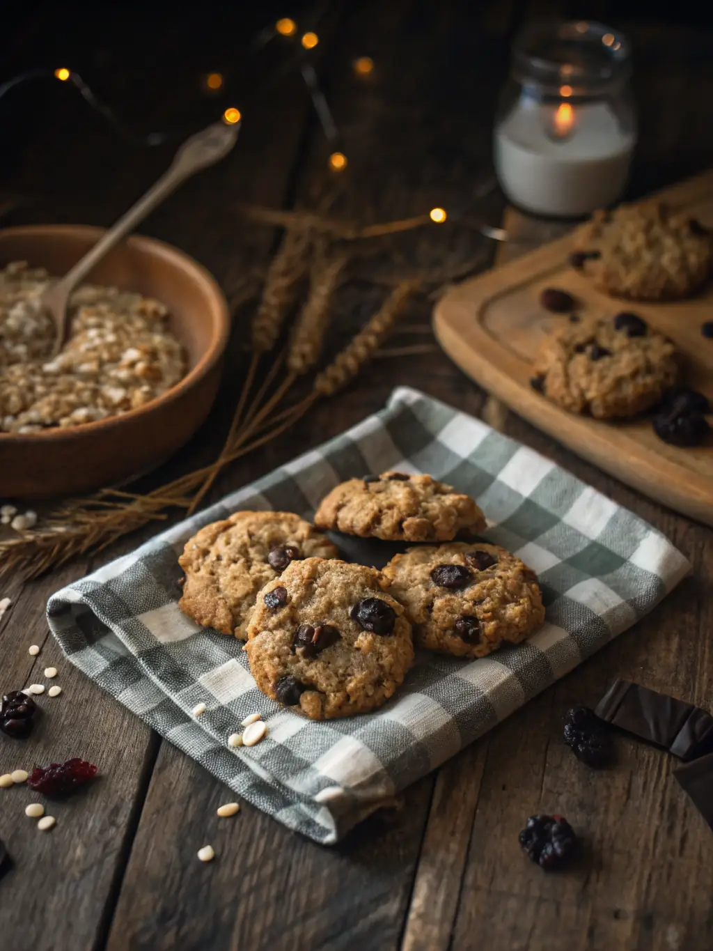A festive display of Nirla Ayurbakes' Oatmeal Raisin Cookies, arranged in a decorative holiday box with a sprig of holly, showcasing their wholesome ingredients.